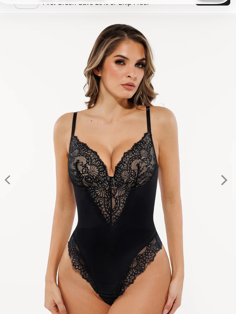 Black Lace Plunge Bodysuit Shapewear with Sheer Cups